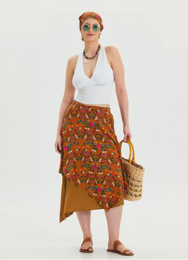 Mustard Bohemian Skirt with Elastic Waist and Tie Detail 4520